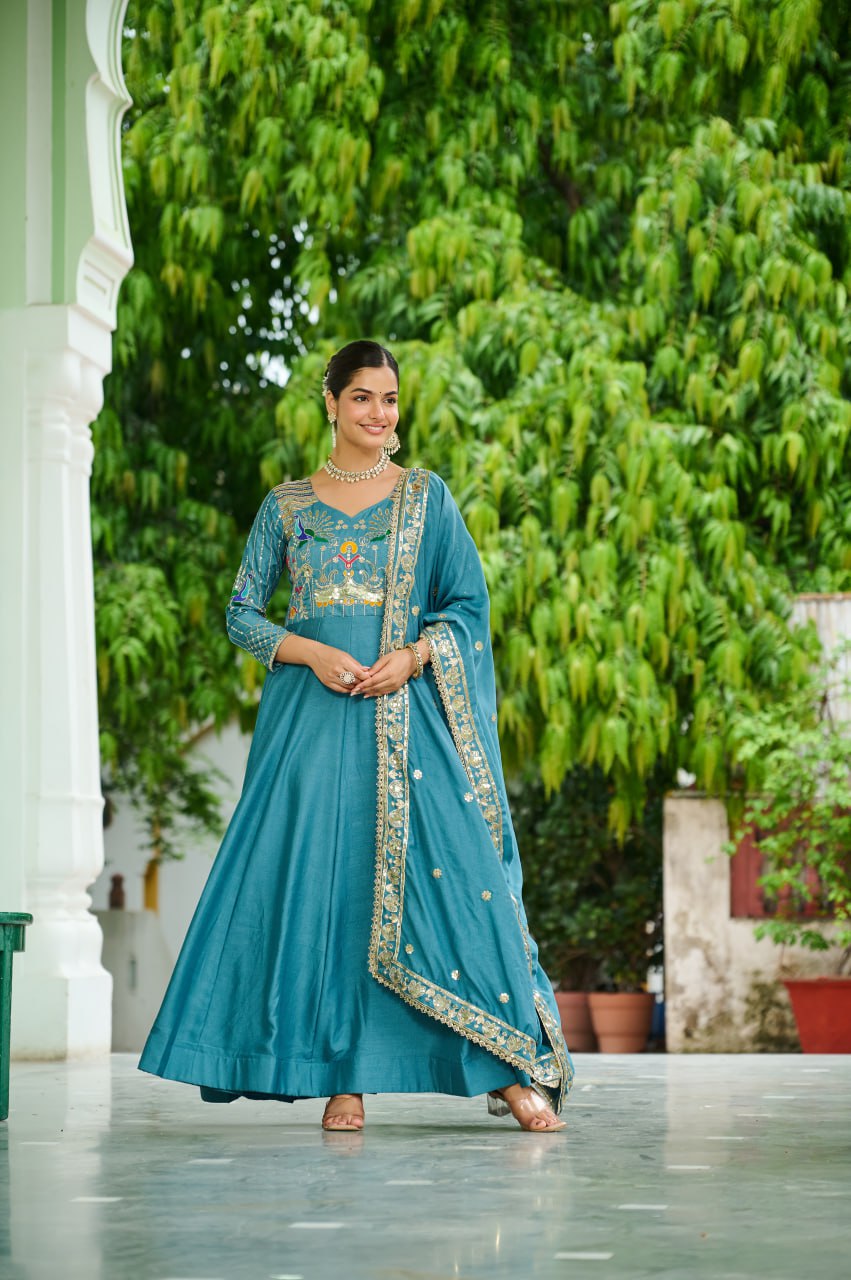 Sky Blue Vichitra Silk Sequins & Zari Embroidered 12-Kali Anarkali Gown with Designer Dupatta ClothsVilla
