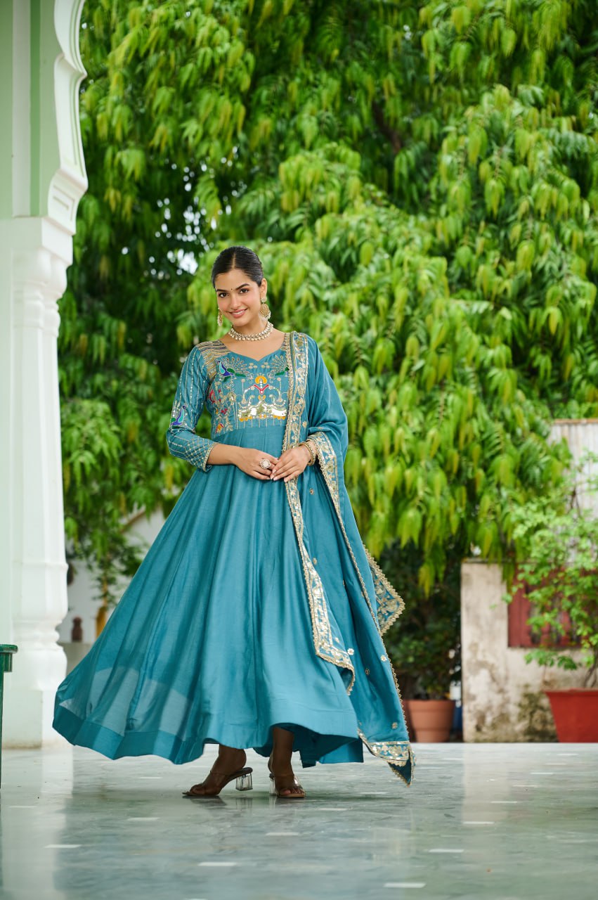 Sky Blue Vichitra Silk Sequins & Zari Embroidered 12-Kali Anarkali Gown with Designer Dupatta ClothsVilla