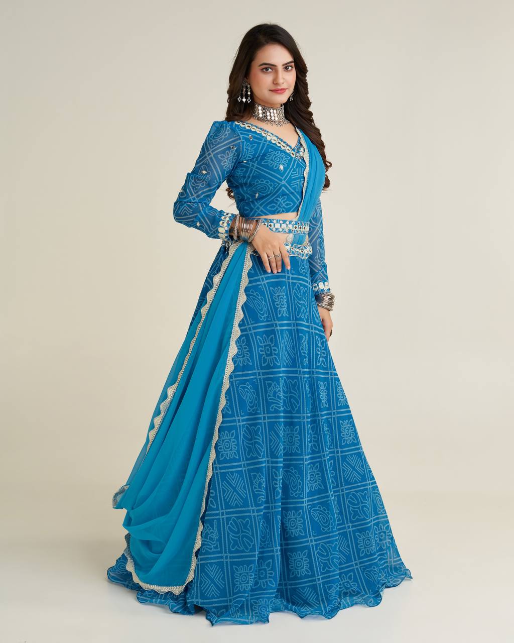 Sky Blue Wedding Glow – Exquisite Digital Print Georgette Lehenga Set ClothsVilla