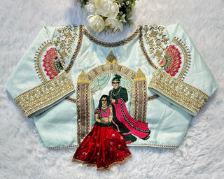 Sky Blue  Wedding Wear Blouse in Raspberry Silk with Exquisite Embroidery and Sequins ClothsVilla