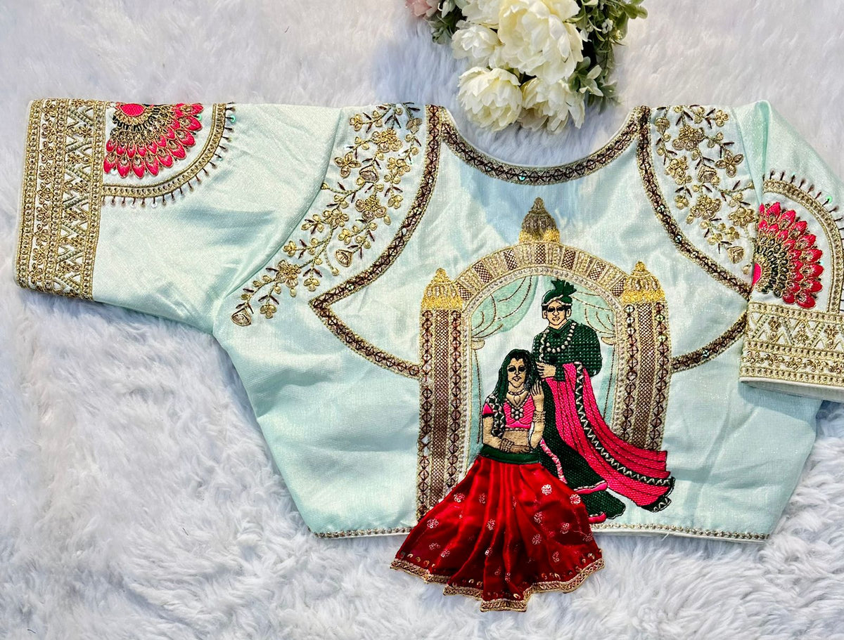 Sky Blue  Wedding Wear Blouse in Raspberry Silk with Exquisite Embroidery and Sequins ClothsVilla Main image