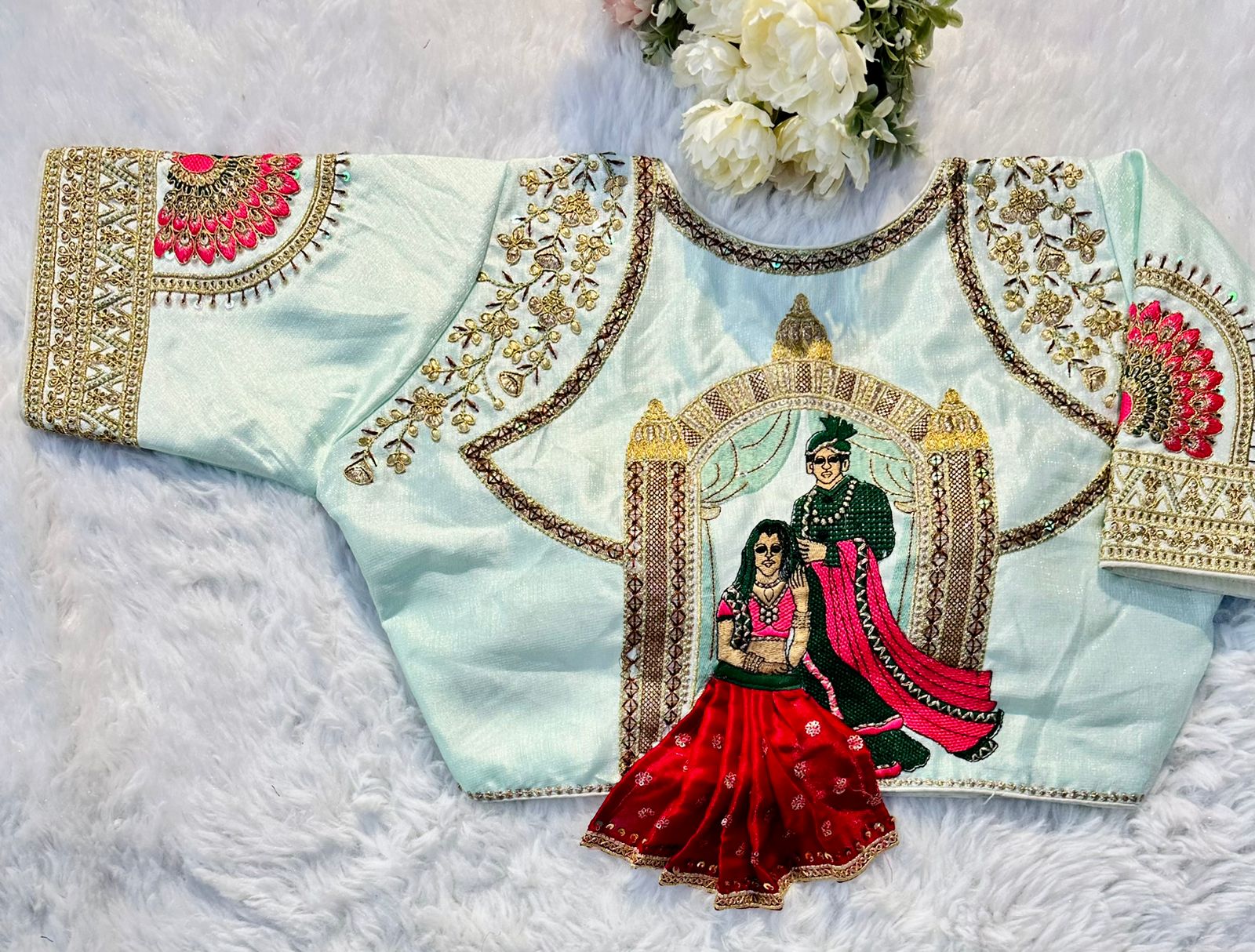 Sky Blue  Wedding Wear Blouse in Raspberry Silk with Exquisite Embroidery and Sequins ClothsVilla Main image
