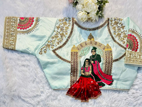 Sky Blue  Wedding Wear Blouse in Raspberry Silk with Exquisite Embroidery and Sequins ClothsVilla Main image