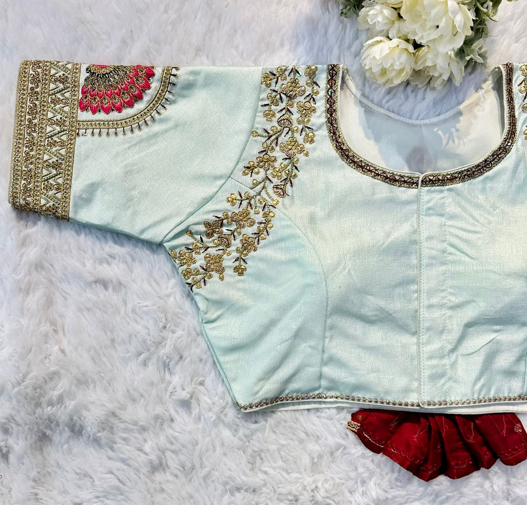 Sky Blue  Wedding Wear Blouse in Raspberry Silk with Exquisite Embroidery and Sequins ClothsVilla