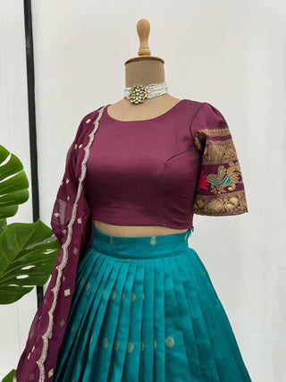 Sky Blue & Wine legant Jequrd Silk Semi-Stitched Lehenga Set with Stunning Dupatta ClothsVilla