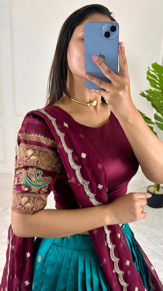 Sky Blue & Wine legant Jequrd Silk Semi-Stitched Lehenga Set with Stunning Dupatta ClothsVilla
