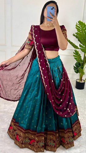 Sky Blue & Wine legant Jequrd Silk Semi-Stitched Lehenga Set with Stunning Dupatta ClothsVilla