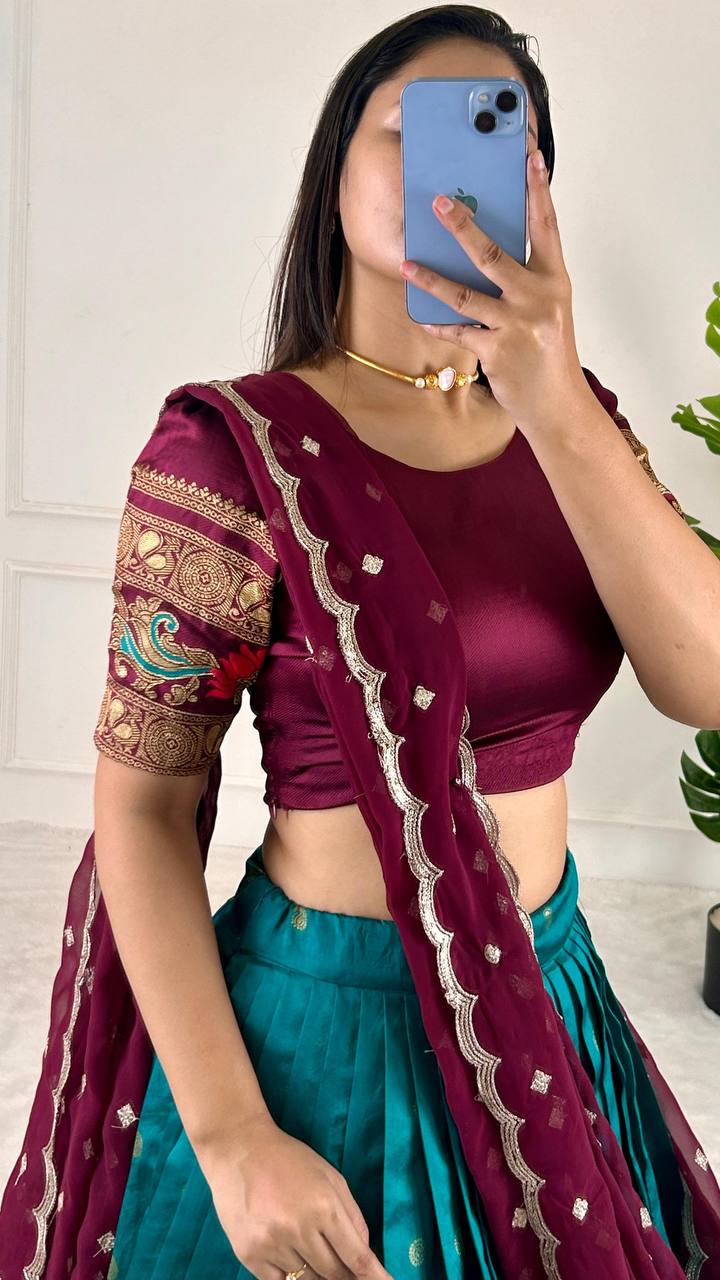 Sky Blue & Wine legant Jequrd Silk Semi-Stitched Lehenga Set with Stunning Dupatta ClothsVilla
