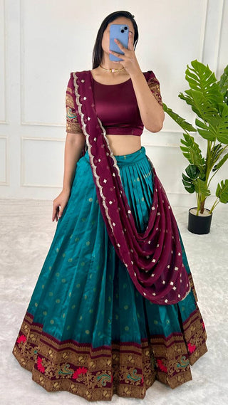 Sky Blue & Wine legant Jequrd Silk Semi-Stitched Lehenga Set with Stunning Dupatta ClothsVilla