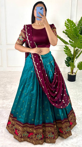 Sky Blue & Wine legant Jequrd Silk Semi-Stitched Lehenga Set with Stunning Dupatta ClothsVilla