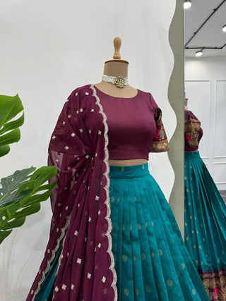 Sky Blue & Wine legant Jequrd Silk Semi-Stitched Lehenga Set with Stunning Dupatta ClothsVilla