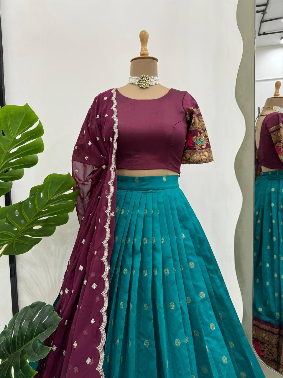 Sky Blue & Wine legant Jequrd Silk Semi-Stitched Lehenga Set with Stunning Dupatta ClothsVilla