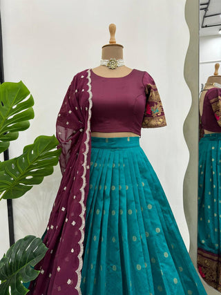 Sky Blue & Wine legant Jequrd Silk Semi-Stitched Lehenga Set with Stunning Dupatta ClothsVilla