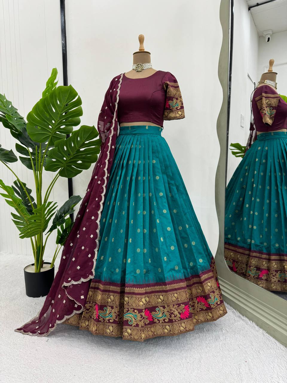 Sky Blue & Wine legant Jequrd Silk Semi-Stitched Lehenga Set with Stunning Dupatta ClothsVilla
