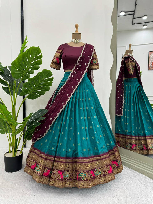 Sky Blue & Wine legant Jequrd Silk Semi-Stitched Lehenga Set with Stunning Dupatta ClothsVilla
