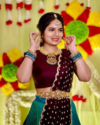 Sky Blue & Wine legant Jequrd Silk Semi-Stitched Lehenga Set with Stunning Dupatta ClothsVilla