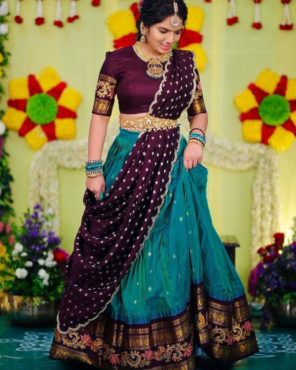 Sky Blue & Wine legant Jequrd Silk Semi-Stitched Lehenga Set with Stunning Dupatta ClothsVilla