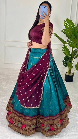 Sky Blue & Wine legant Jequrd Silk Semi-Stitched Lehenga Set with Stunning Dupatta ClothsVilla