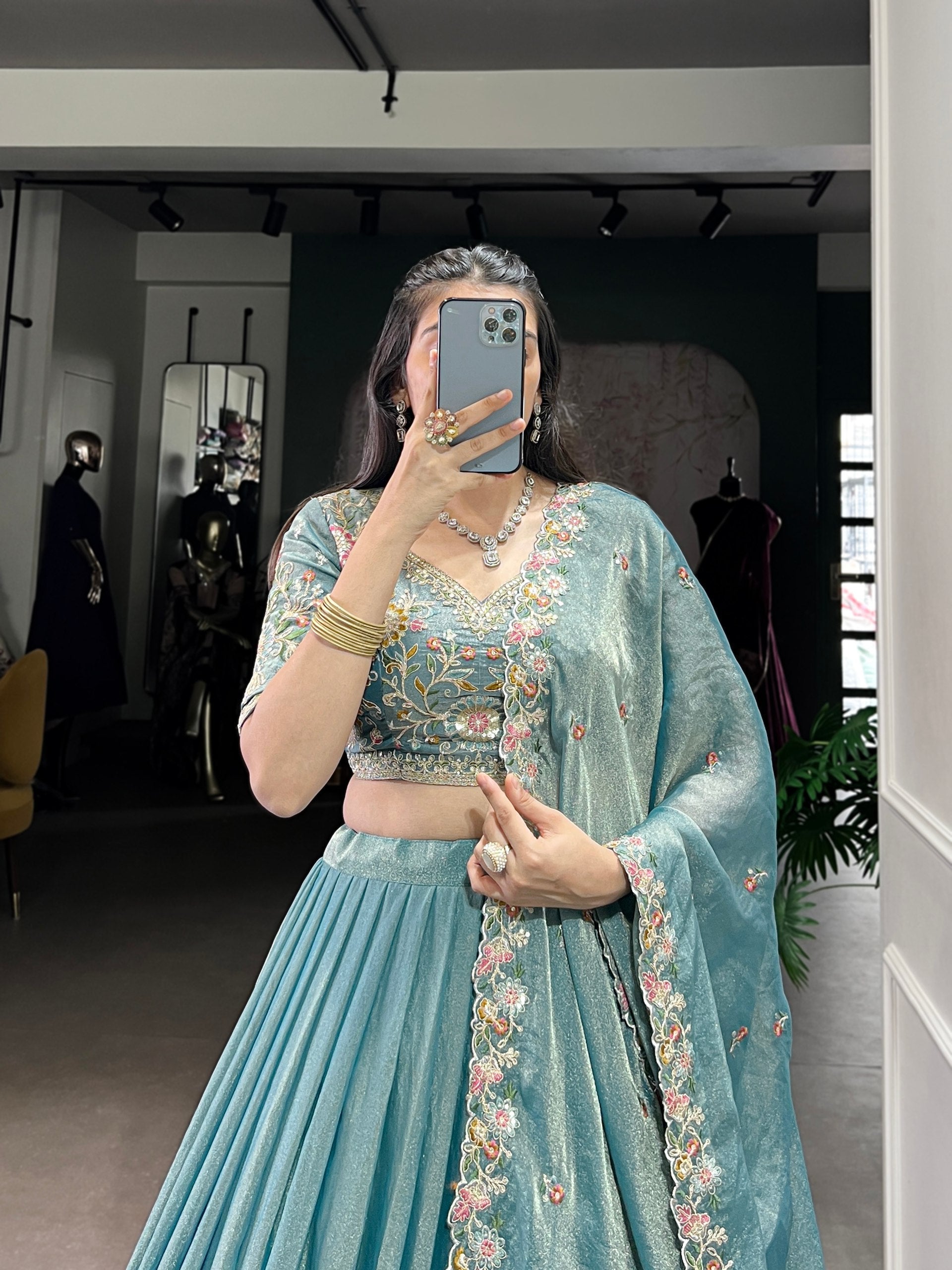Sky Blue Zari Shimmer Sky Blue Embroidered Lehenga Choli Set with Sequins & Thread Work – Stitched Lehenga with Dupatta ClothsVilla