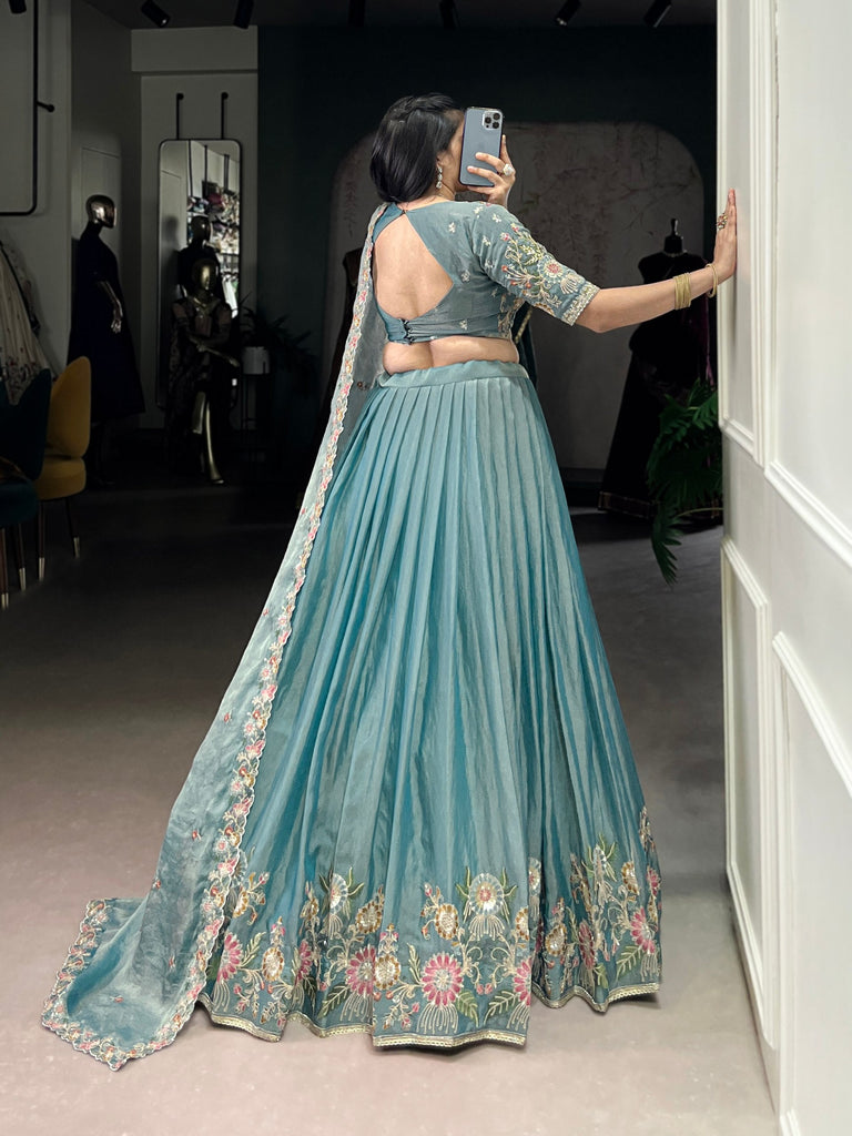Sky Blue Zari Shimmer Sky Blue Embroidered Lehenga Choli Set with Sequins & Thread Work – Stitched Lehenga with Dupatta ClothsVilla
