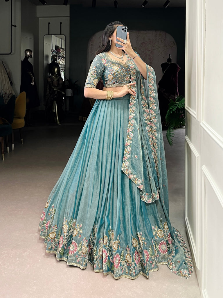 Sky Blue Zari Shimmer Sky Blue Embroidered Lehenga Choli Set with Sequins & Thread Work – Stitched Lehenga with Dupatta ClothsVilla