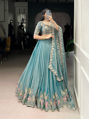 Sky Blue Zari Shimmer Sky Blue Embroidered Lehenga Choli Set with Sequins & Thread Work – Stitched Lehenga with Dupatta ClothsVilla