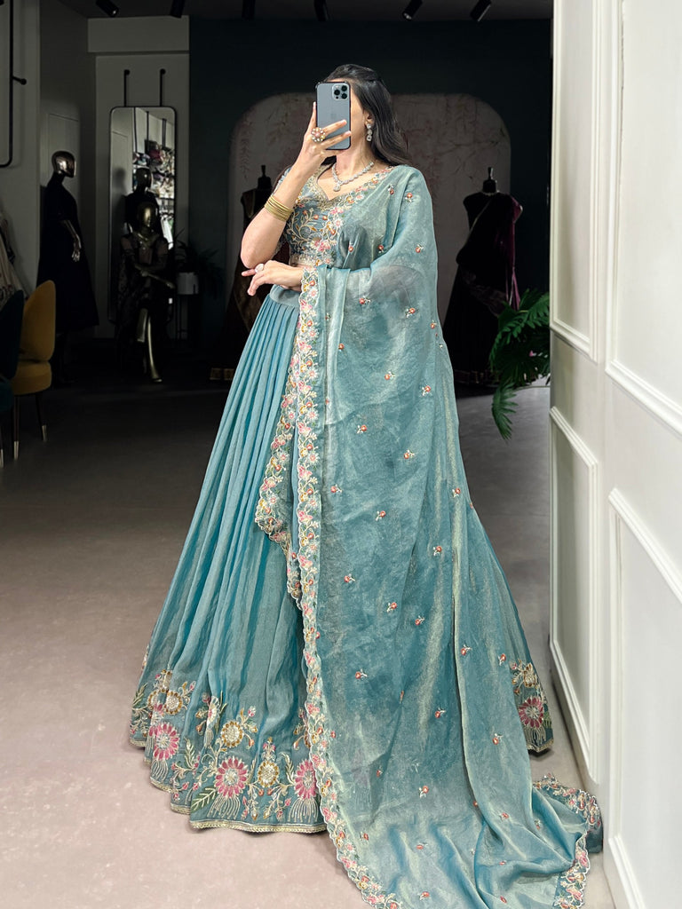 Sky Blue Zari Shimmer Sky Blue Embroidered Lehenga Choli Set with Sequins & Thread Work – Stitched Lehenga with Dupatta ClothsVilla