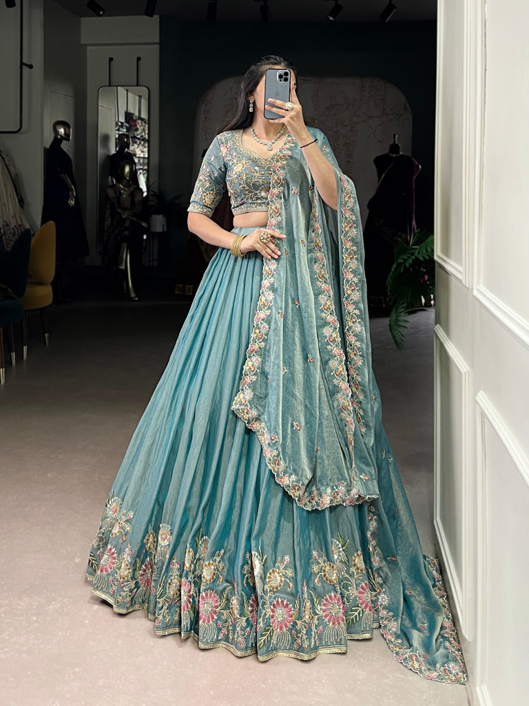 Sky Blue Zari Shimmer Sky Blue Embroidered Lehenga Choli Set with Sequins & Thread Work – Stitched Lehenga with Dupatta ClothsVilla