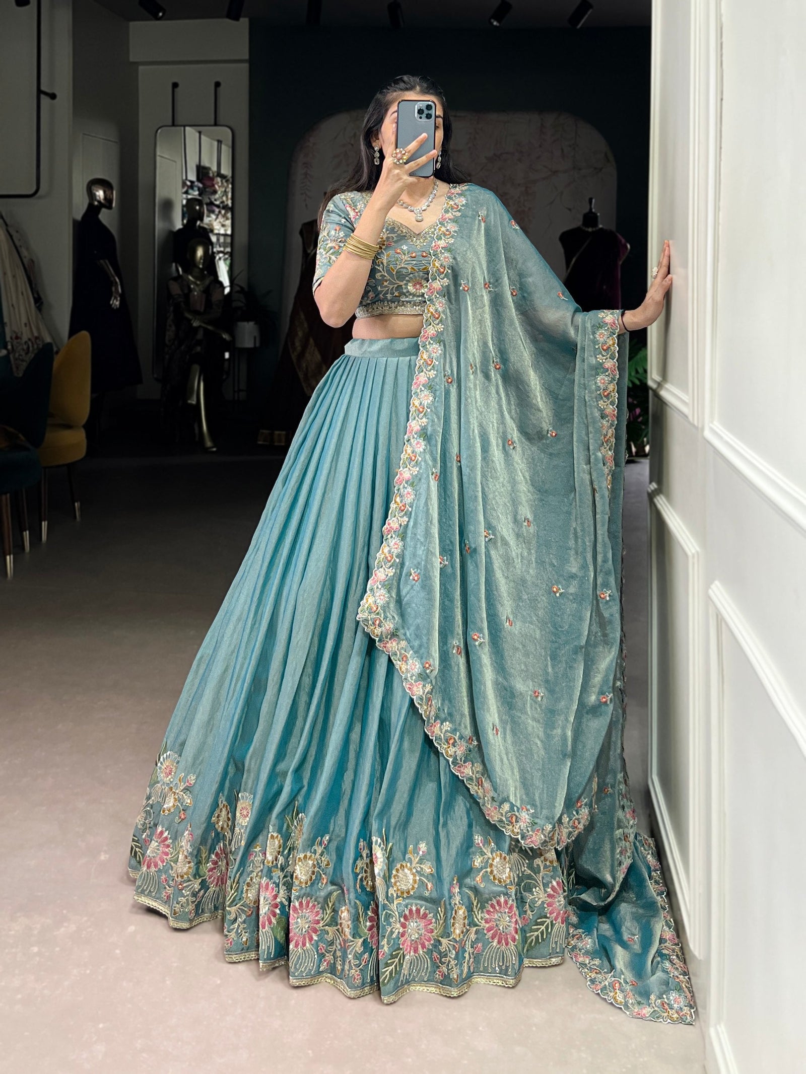 Sky Blue Zari Shimmer Sky Blue Embroidered Lehenga Choli Set with Sequins & Thread Work – Stitched Lehenga with Dupatta ClothsVilla
