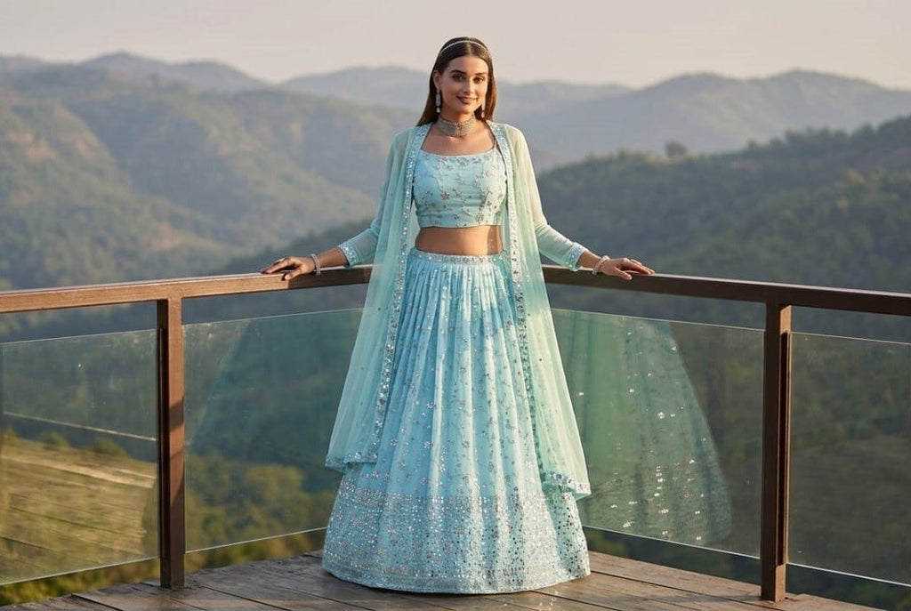 Sky Blue Zari Sparkle Designer Lehenga ClothsVilla