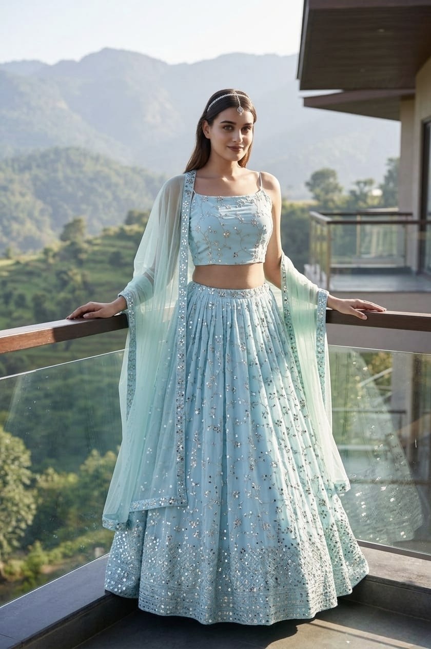 Sky Blue Zari Sparkle Designer Lehenga ClothsVilla