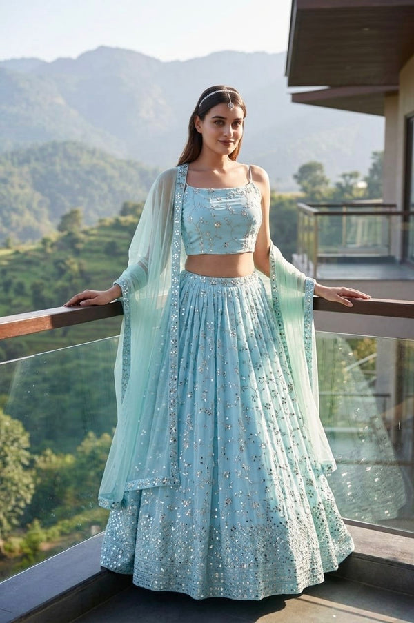 Sky Blue Zari Sparkle Designer Lehenga ClothsVilla