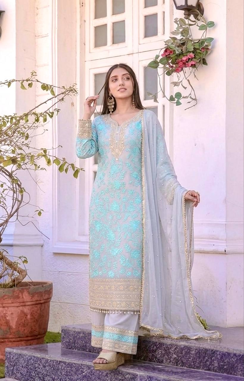 Sky Embroidered Kurta Palazzo Set ClothsVilla