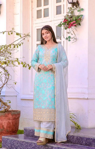 Sky Embroidered Kurta Palazzo Set ClothsVilla