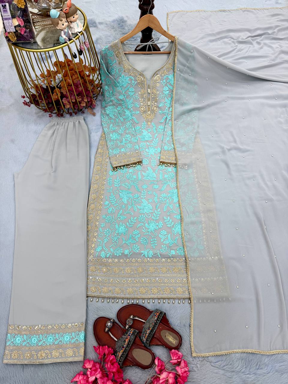 Sky Embroidered Kurta Palazzo Set ClothsVilla