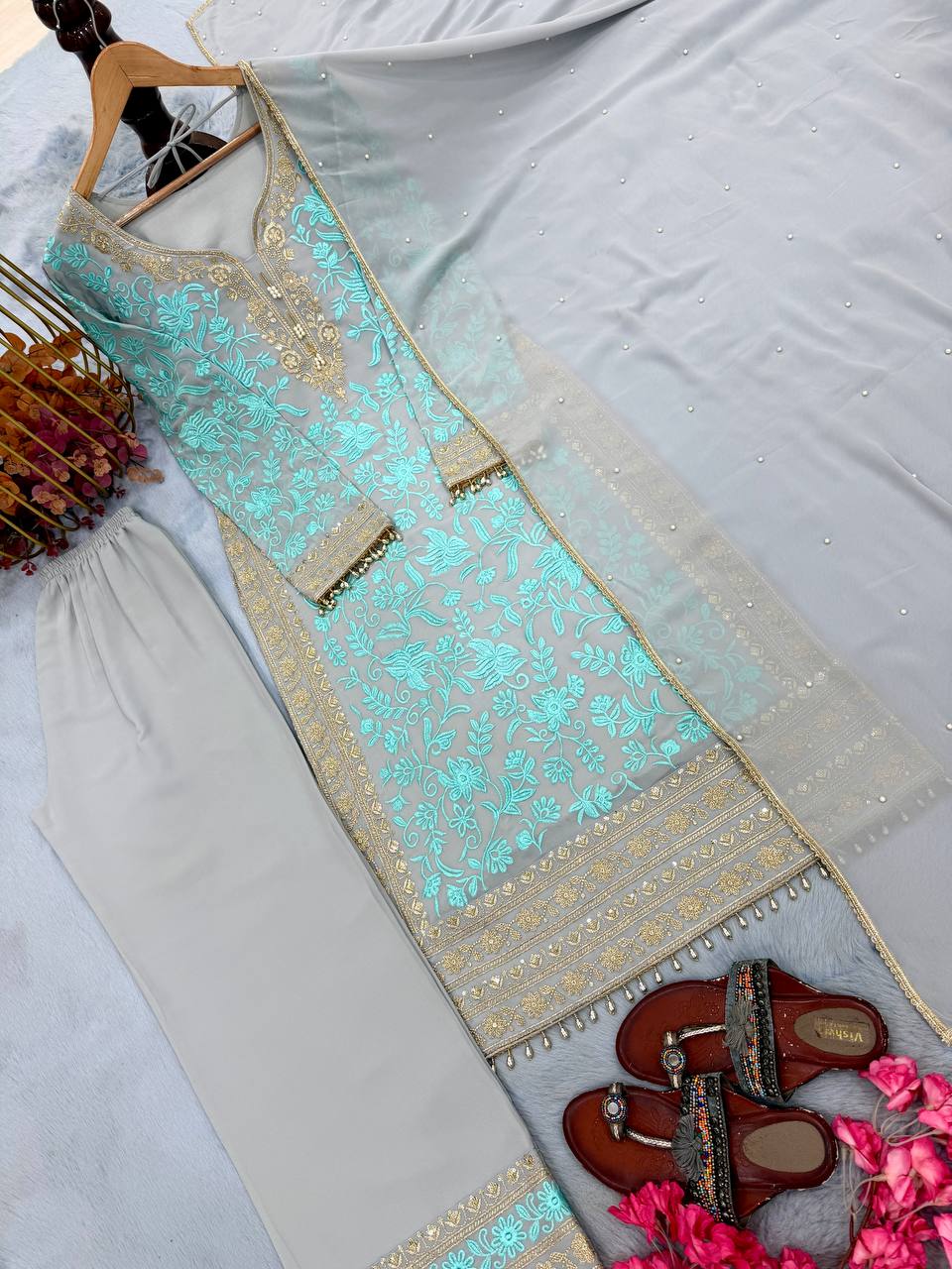 Sky Embroidered Kurta Palazzo Set ClothsVilla