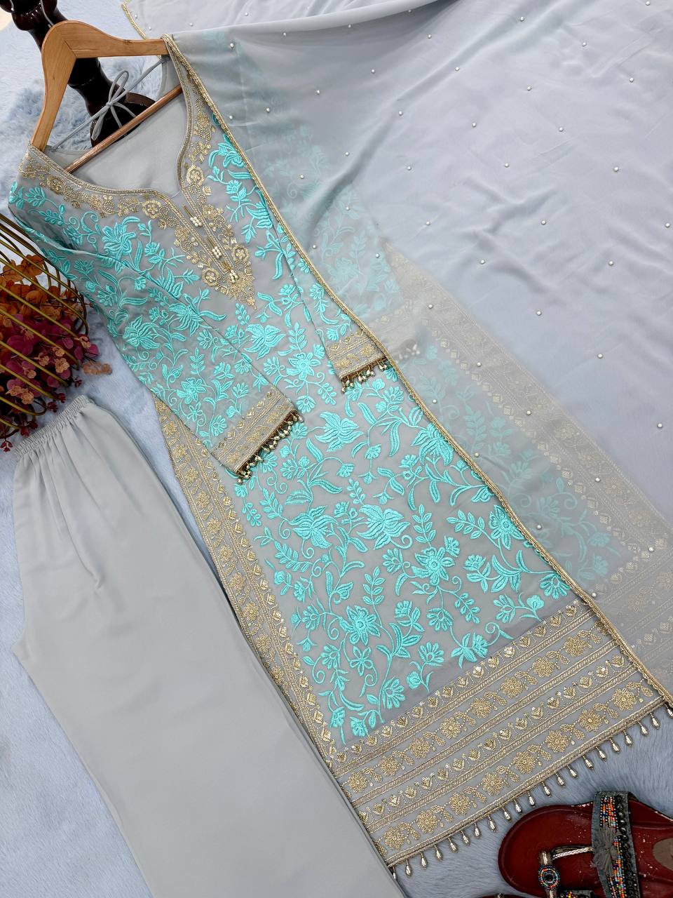 Sky Embroidered Kurta Palazzo Set ClothsVilla