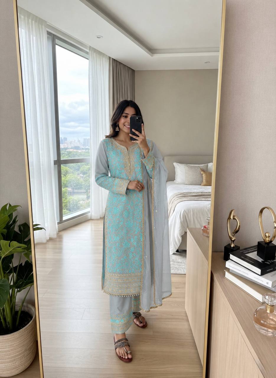 Sky Embroidered Kurta Palazzo Set ClothsVilla