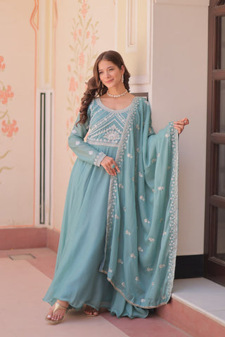 Sky Georgette Sequins Embroidered Gown ClothsVilla