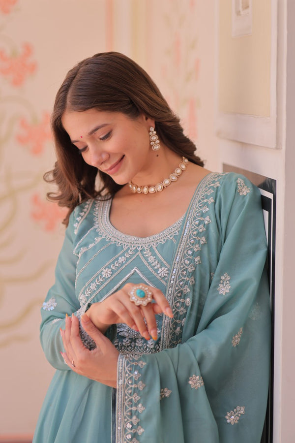 Sky Georgette Sequins Embroidered Gown ClothsVilla