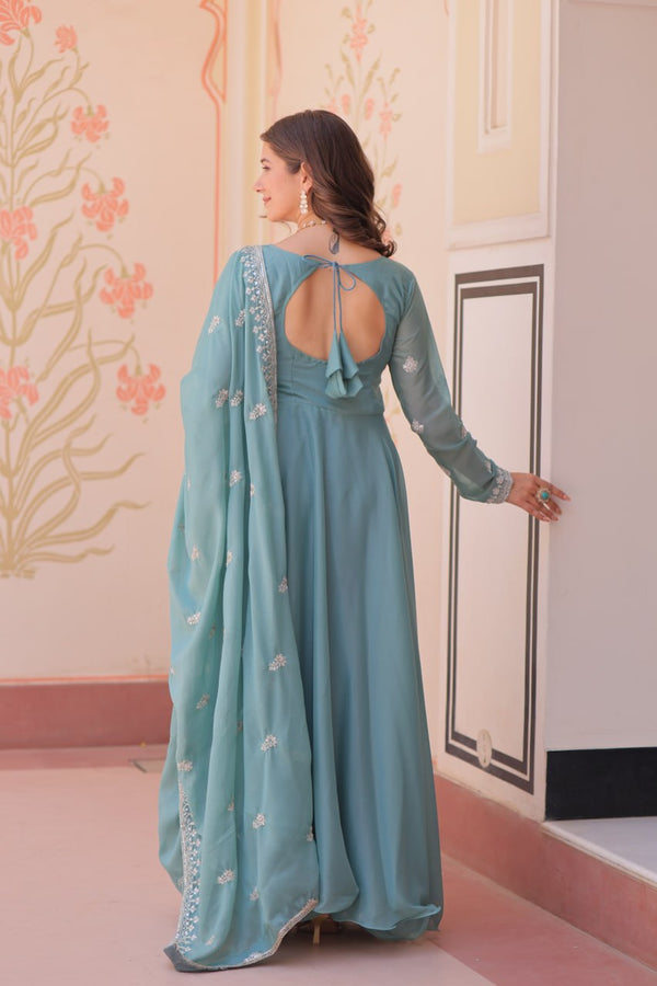 Sky Georgette Sequins Embroidered Gown ClothsVilla