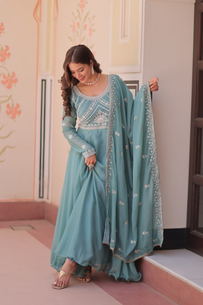 Sky Georgette Sequins Embroidered Gown ClothsVilla