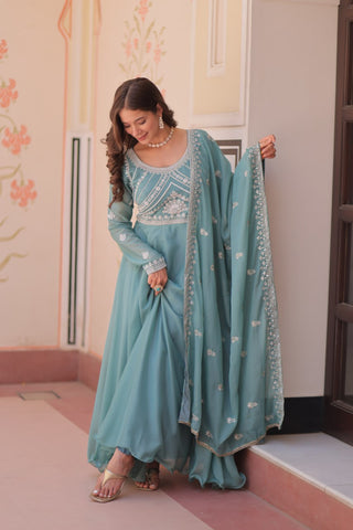Sky Georgette Sequins Embroidered Gown ClothsVilla