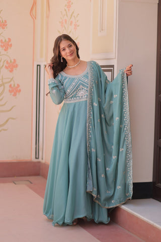 Sky Georgette Sequins Embroidered Gown ClothsVilla