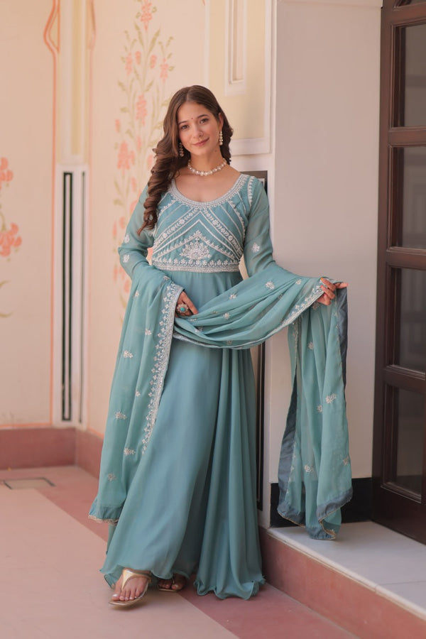 Sky Georgette Sequins Embroidered Gown ClothsVilla