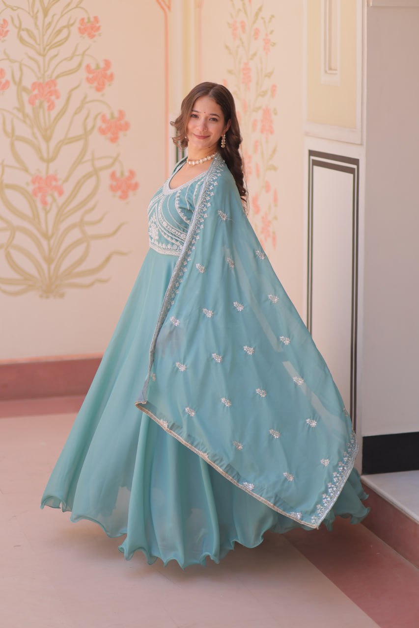 Sky Georgette Sequins Embroidered Gown ClothsVilla