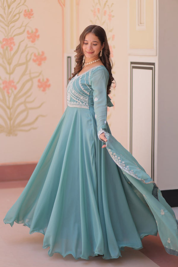 Sky Georgette Sequins Embroidered Gown ClothsVilla