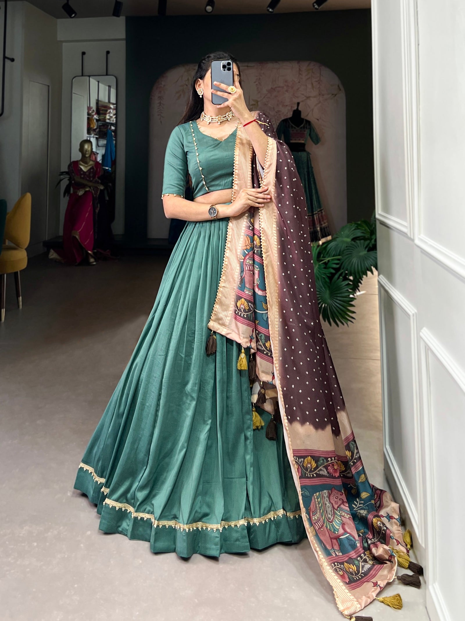 Sky Green Chinon Silk Plain Lehenga Set with Lace Detailing & Tussar Silk Dupatta