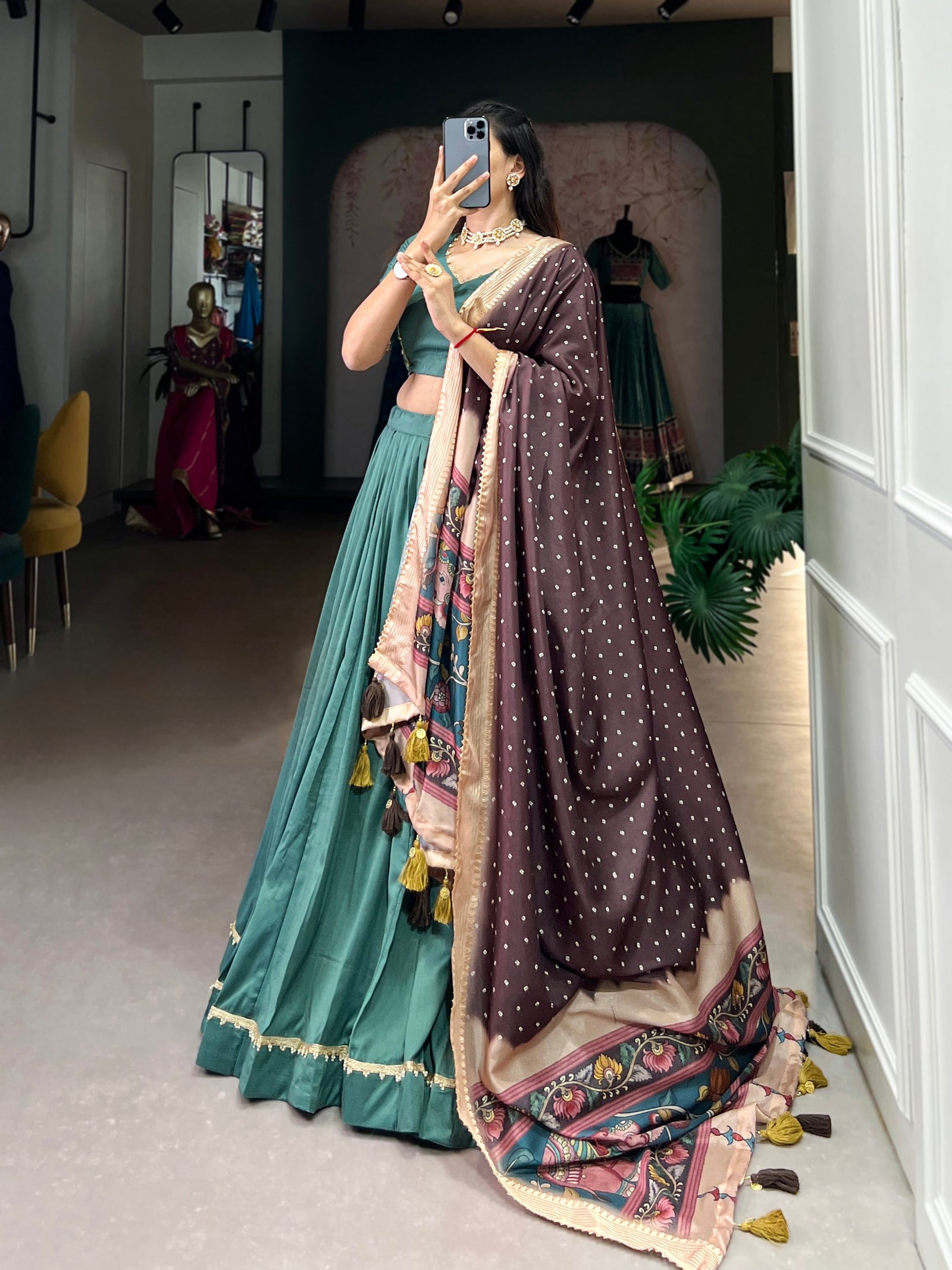 Sky Green Chinon Silk Plain Lehenga Set with Lace Detailing & Tussar Silk Dupatta