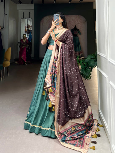 Sky Green Chinon Silk Plain Lehenga Set with Lace Detailing & Tussar Silk Dupatta